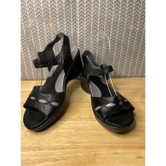Ariat 'Sandy'  Black Gray Leather Wedge Heels Sandals Slingback - Picture 1 of 10